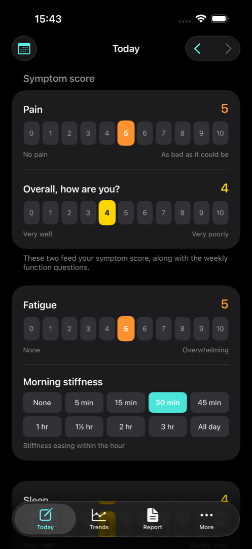 The daily check-in with 0 to 10 scales for pain and overall status.